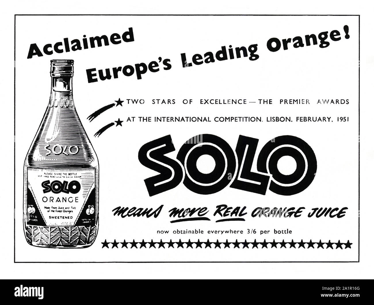 Annuncio per Solo succo di arancia drink, 1951. Solista è un'arancia soft drink dalla Norvegia. Solo divenne rapidamente la Norvegia è più popolare di soft drink e fino agli anni sessanta era più grande di quella della Coca-Cola in quel paese. Foto Stock