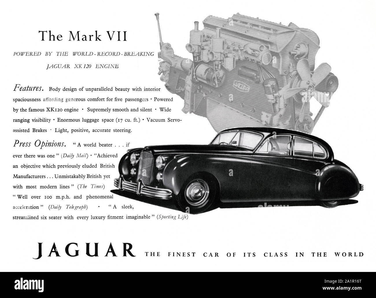 Annuncio pubblicitario per il marchio Jaguar VII (7 o 7) luxury motor car 1951. La Jaguar Mk VII è stato un grande e quattro porte macchina prodotta da Jaguar Cars di Coventry da 1951 a 1956. Nella sua originale forma 1950 il marchio VII potrebbe superare i 100 km/h. Foto Stock