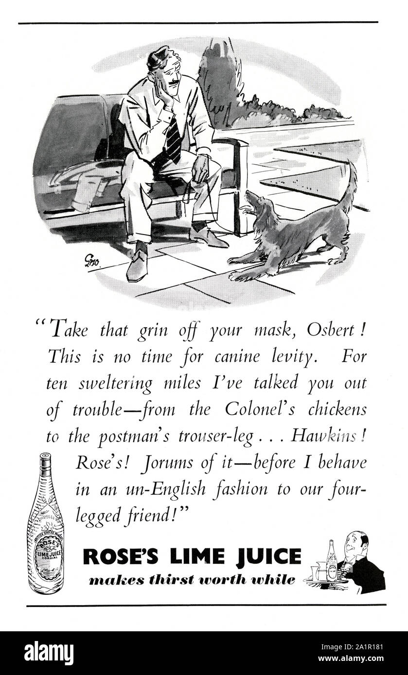 Annuncio per Rose di succo di lime, 1951. L'illustrazione e la funzione di copia di un uomo 'parlare' per il suo cane "Osbert' molto in linguaggio arcaico (includendo ora poco utilizzato espressioni inglesi e parole come 'jorums'). La prima fabbrica di produzione di succo di lime è stato impostato come l Rose e società, sulla strada commerciale in Leith, Edimburgo, in Scozia nel 1868. Nel 1875 la società ha ampliato e spostato il suo quartier generale a Londra - sebbene ancora rendere i propri prodotti in Leith. Nel 1957 Schweppes (successivamente Cadbury Schweppes) ha acquisito la società. Foto Stock