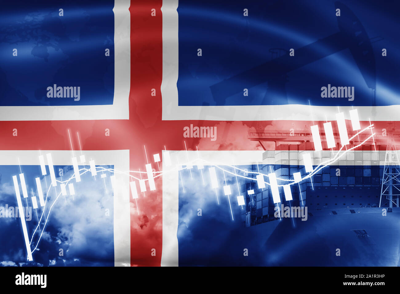 Bandiera dell'Islanda, del mercato azionario, economia di scambio e di commercio, produzione di petrolio, contenitore di nave in esportazione e importazione delle imprese e della logistica. Foto Stock