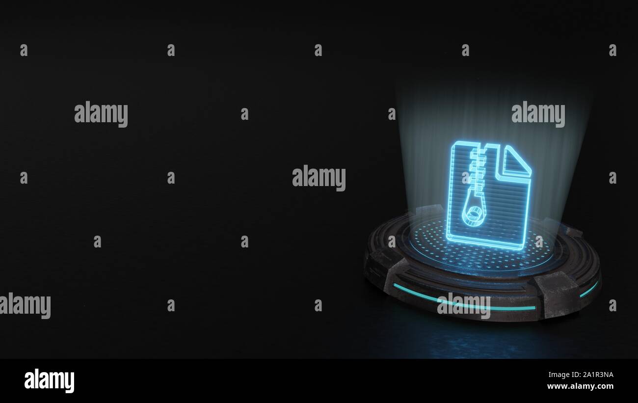 Strisce blu laser digitale 3D ologramma simbolo della carta con angoli piegati e render zip in metallo vecchio sci-fi sfondo pad Foto Stock