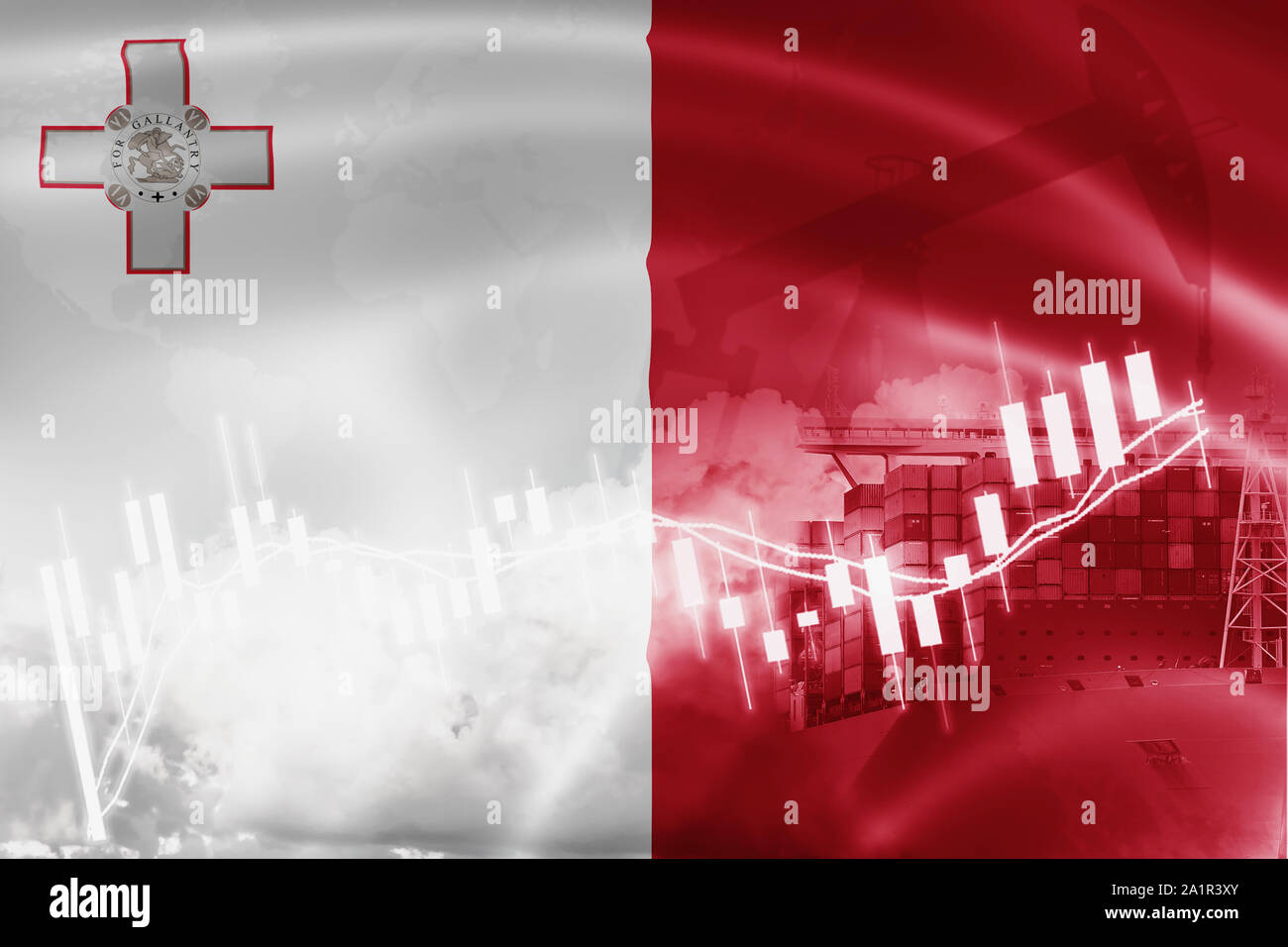 Bandiera di Malta, del mercato azionario, economia di scambio e di commercio, produzione di petrolio, contenitore di nave in esportazione e importazione delle imprese e della logistica. Foto Stock