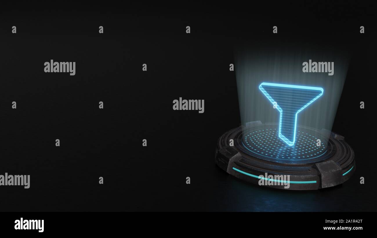 Strisce blu laser digitale 3D ologramma simbolo di imbuto filtrante render su metallo vecchio sci-fi sfondo pad Foto Stock