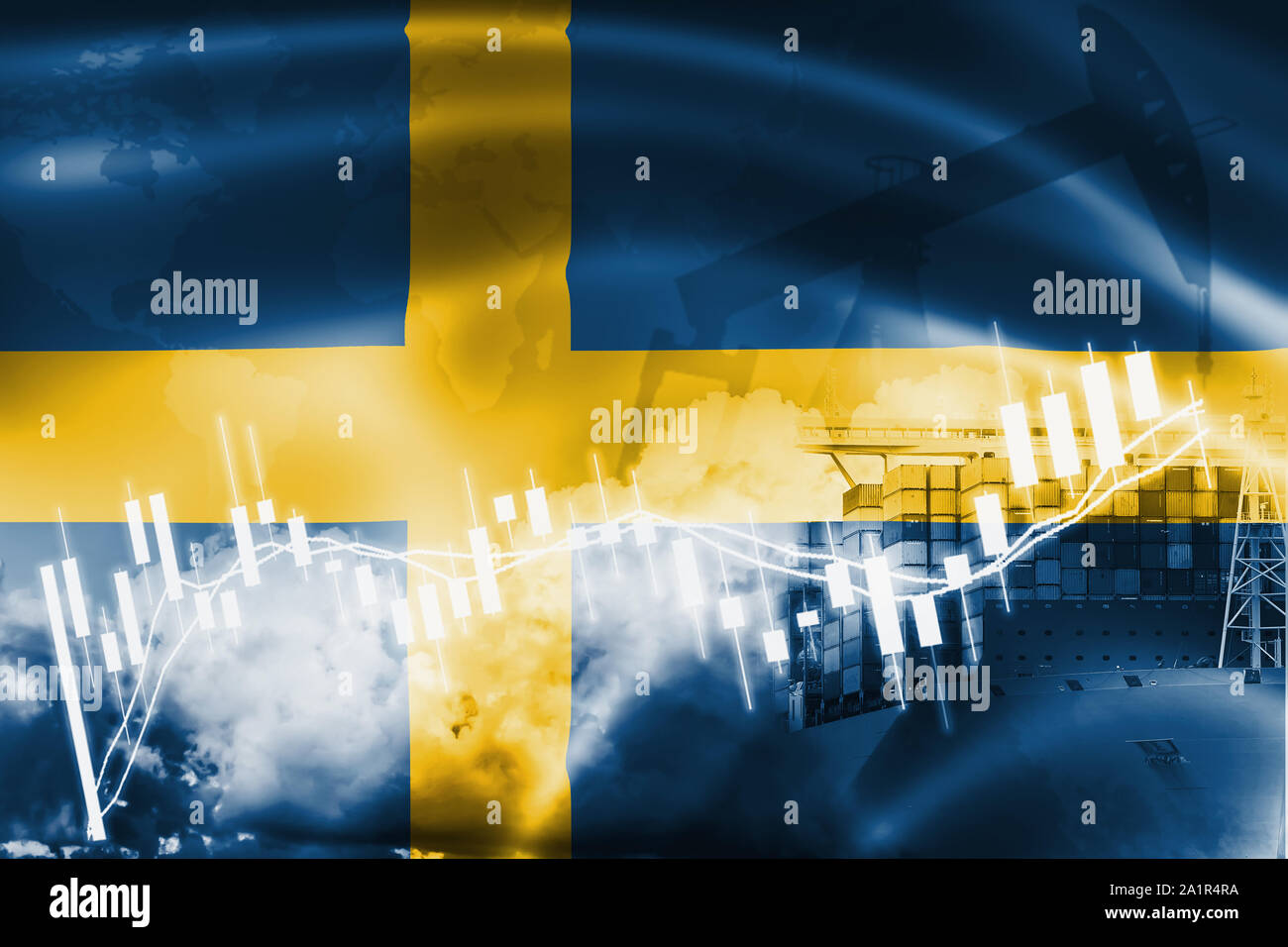 Bandiera della Svezia, del mercato azionario, economia di scambio e di commercio, produzione di petrolio, contenitore di nave in esportazione e importazione delle imprese e della logistica. Foto Stock