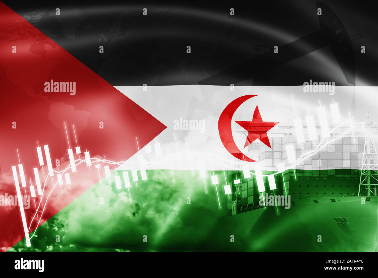 Il Sahara occidentale bandiera, del mercato azionario, economia di scambio e di commercio, produzione di petrolio, contenitore di nave in esportazione e importazione delle imprese e della logistica. Foto Stock