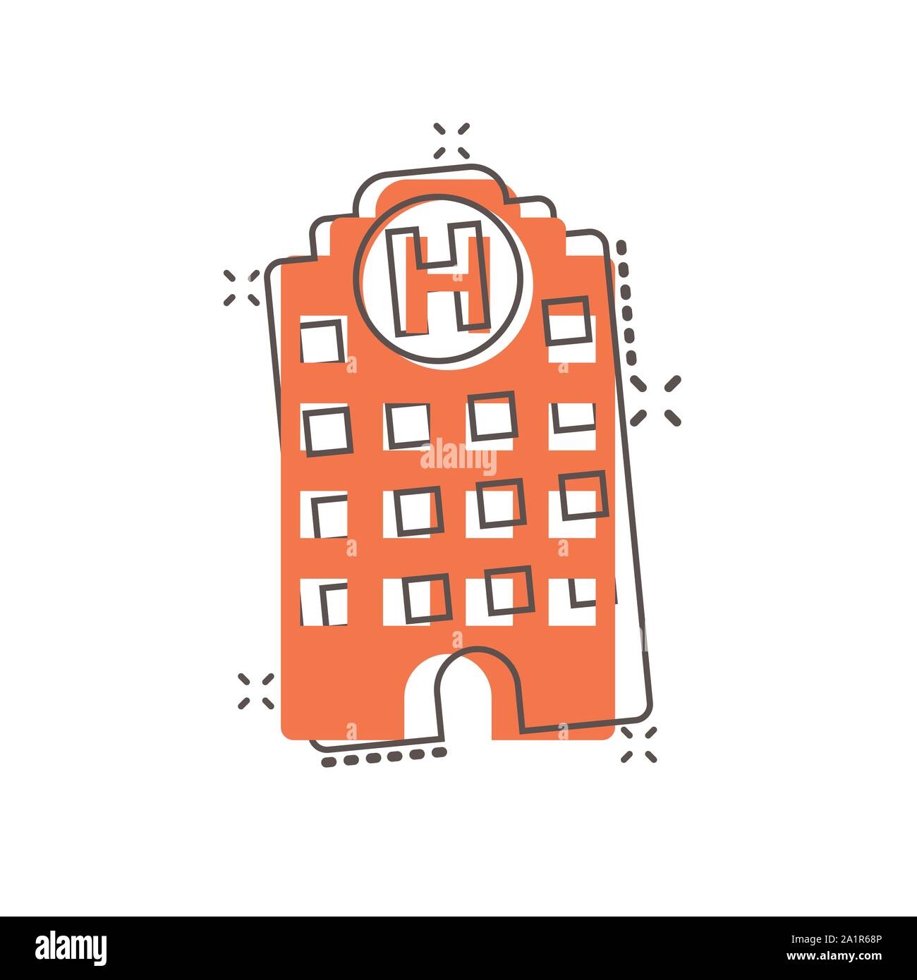 Ospedale icona in stile fumetto. Infermeria vettore illustrazione cartoon bianco su sfondo isolato. Medical ambulance concetto aziendale splash e Illustrazione Vettoriale