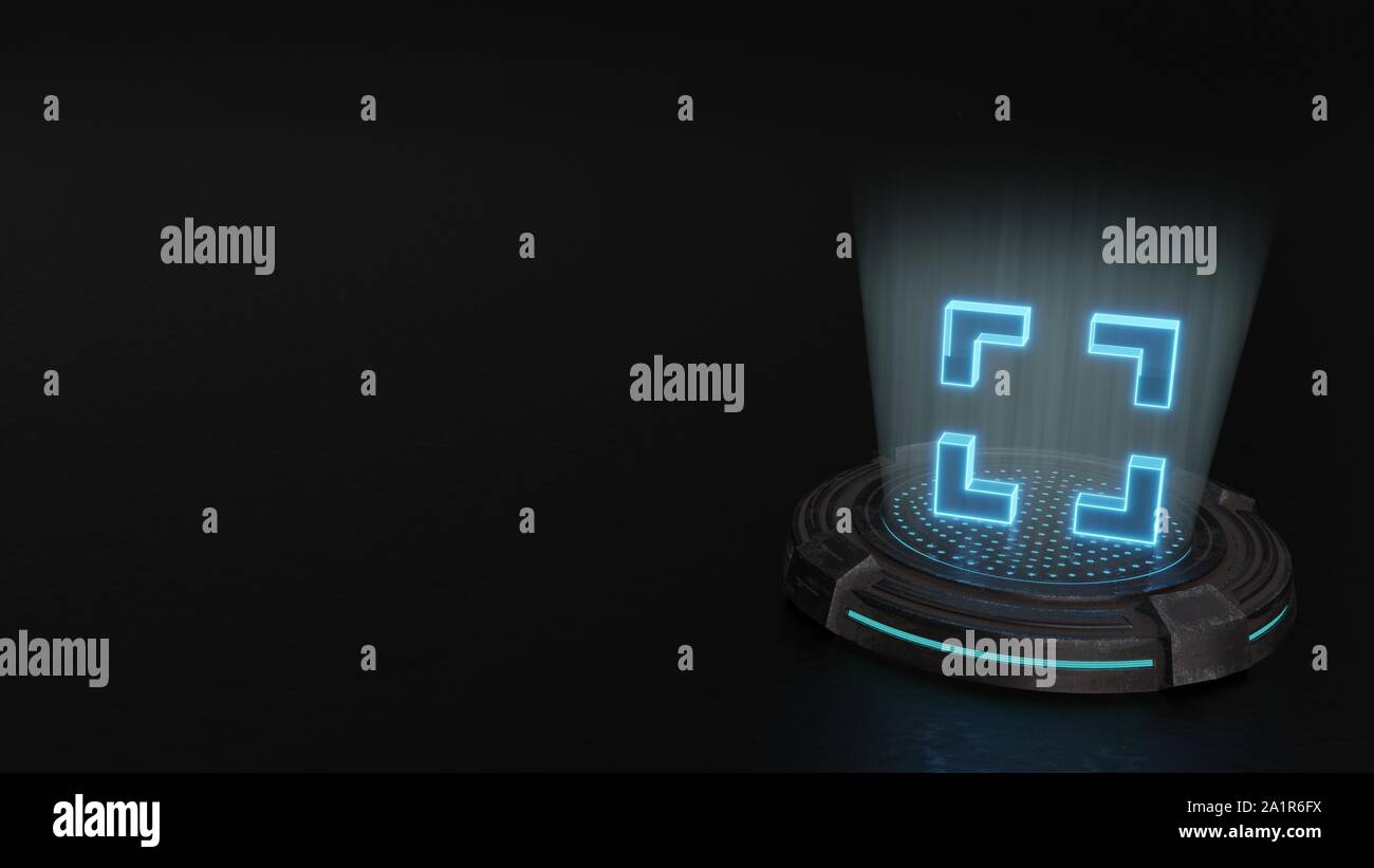 Strisce blu laser digitale 3D ologramma simbolo di espandere il telaio segna il rendering su metallo vecchio sci-fi sfondo pad Foto Stock
