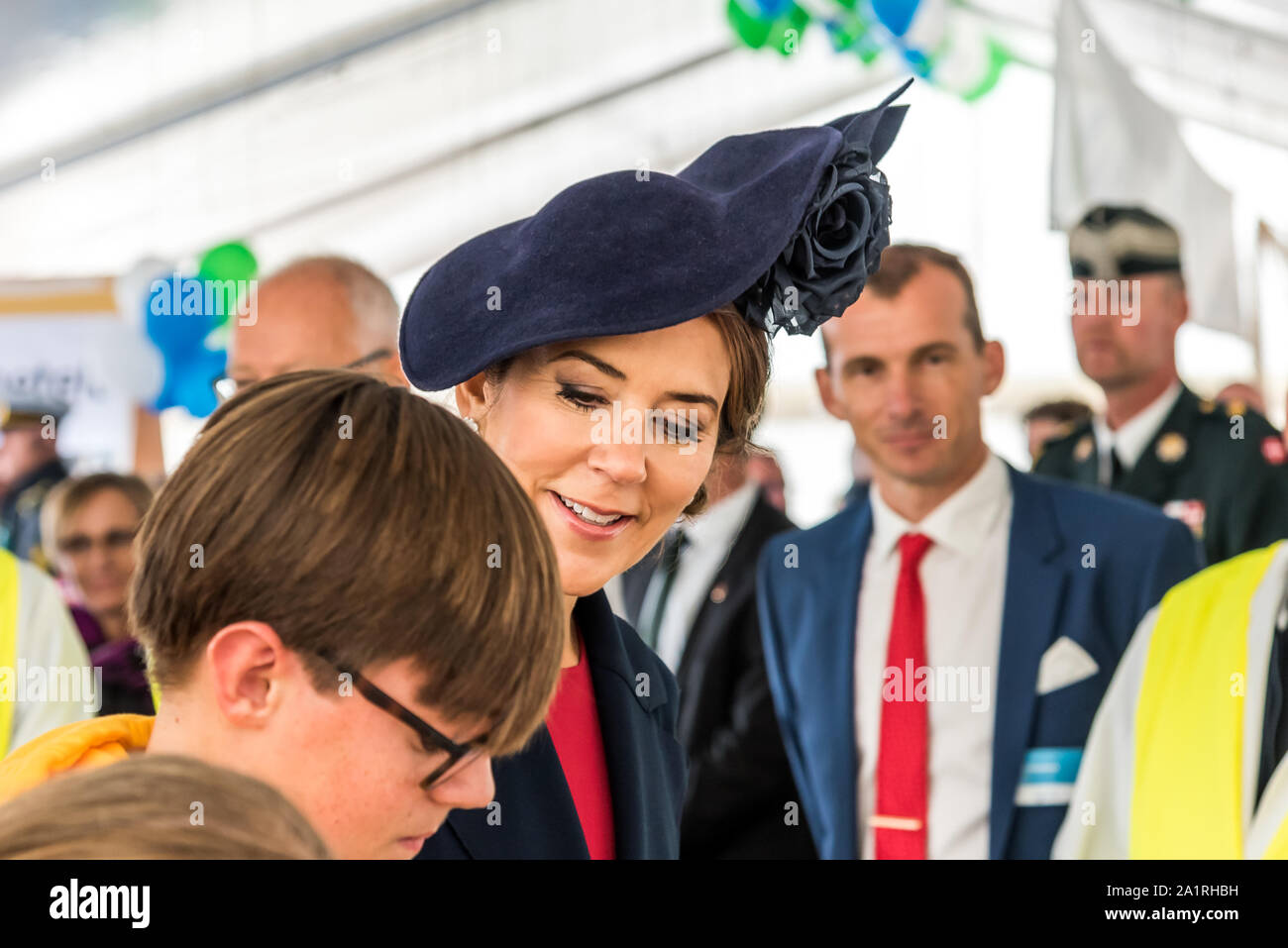 La principessa Maria visita la tenda per bambini alla cerimonia di inaugurazione del nuovo ponte in Frederikssund, Danimarca, 28 Settembre 2019 Foto Stock