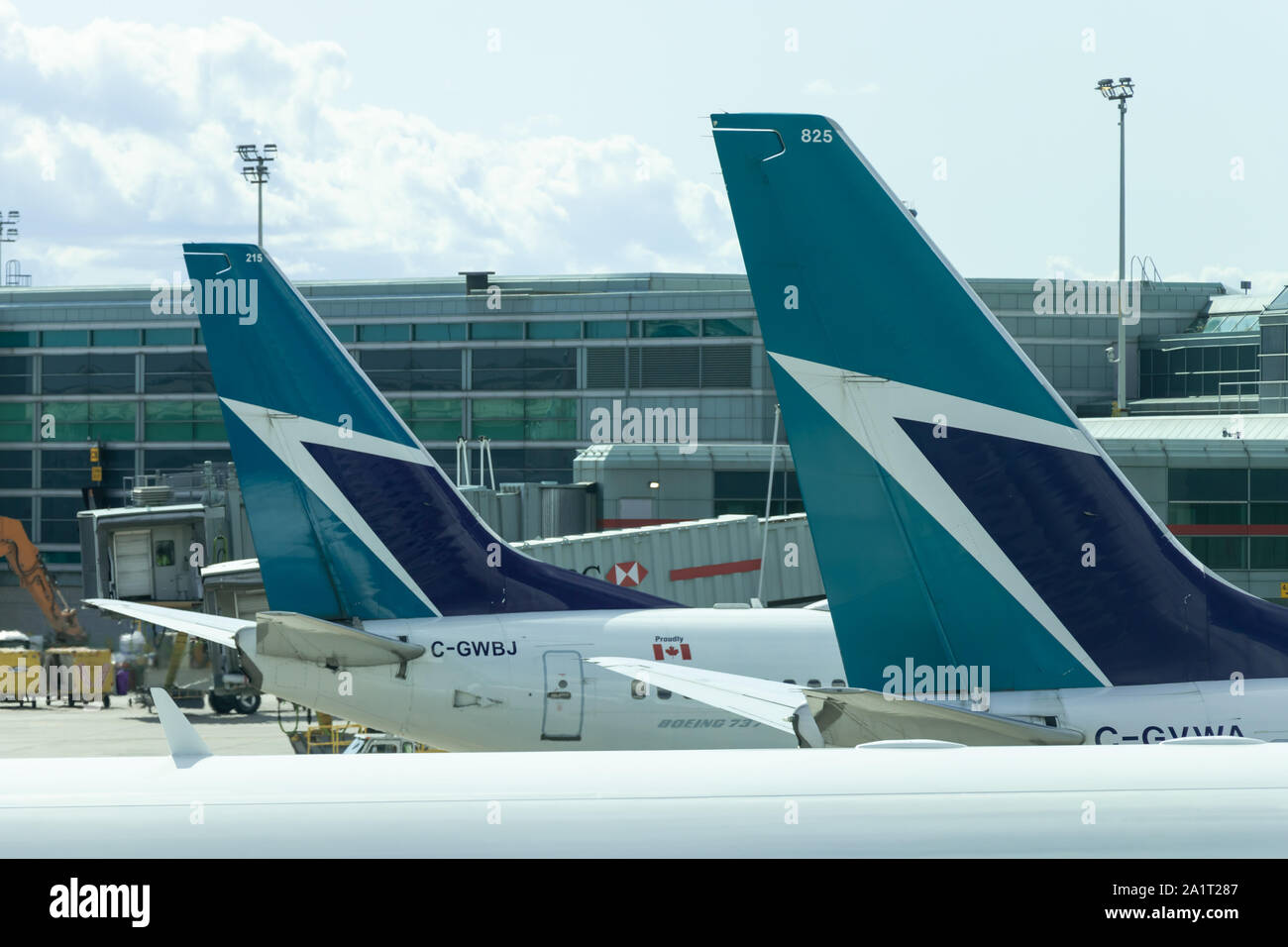 Due loghi WestJet Airlines con pinna di coda parcheggiati presso le loro porte all'aeroporto internazionale Pearson di Toronto. Aeroporto. Foto Stock