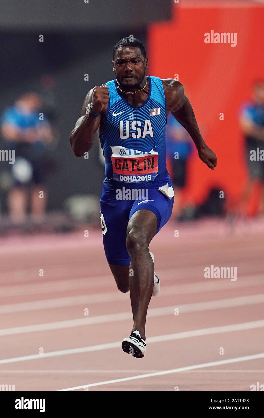 Doha in Qatar. 28 Sep, 2019. Justin Gatlin degli Stati Uniti a competere in 100 metri per gli uomini durante il XVII IAAF mondiale di atletica Al Khalifa Stadium di Doha, in Qatar. Ulrik Pedersen/CSM/Alamy Live News Foto Stock