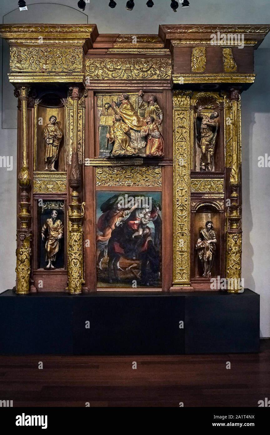 Frammento della pala principale del monastero di San Benito el Real nella Nazionale Museo di Scultura Colegio de San Gregorio de Valladolid, Spagna. Foto Stock