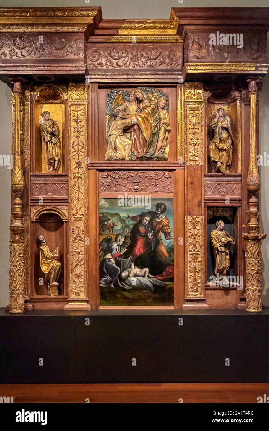 Frammento di primo piano del retablo del monastero di San Benito nella Nazionale Museo di Scultura Colegio San Gregorio de Valladolid, Spagna. Foto Stock