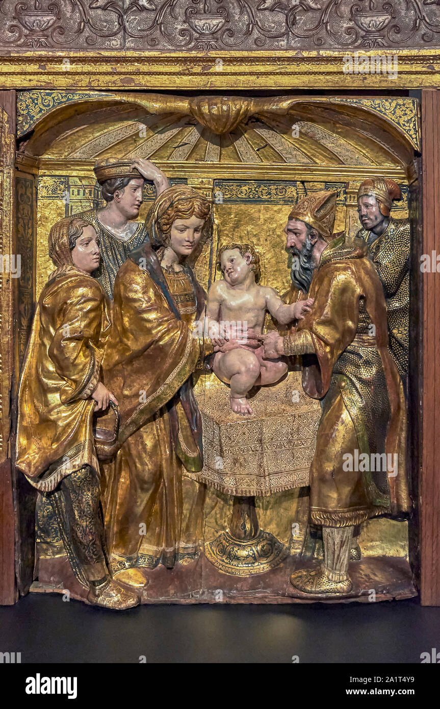 La circoncisione della pala del monastero di San Benito el Real da Alonso Berruguete nella Nazionale Museo di Scultura, città di Valladolid, Spagna. Foto Stock