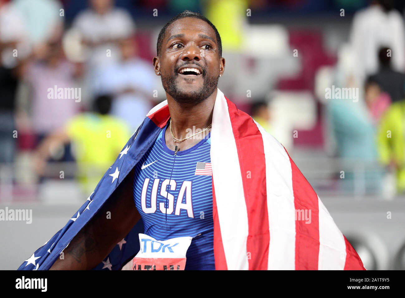 Doha in Qatar. 28 Sep, 2019. Justin Gatlin degli Stati Uniti reagisce dopo gli uomini 100m Finale al 2019 IAAF Campionati del Mondo a Doha, in Qatar, Sett. 28, 2019. Credito: Li Ming/Xinhua/Alamy Live News Foto Stock