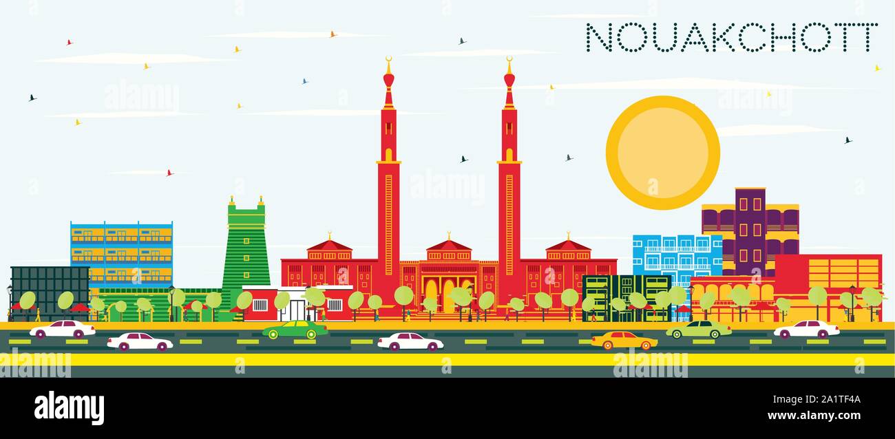 Nouakchott Mauritania skyline della città con edifici di colore e cielo blu. Illustrazione Vettoriale. Illustrazione Vettoriale