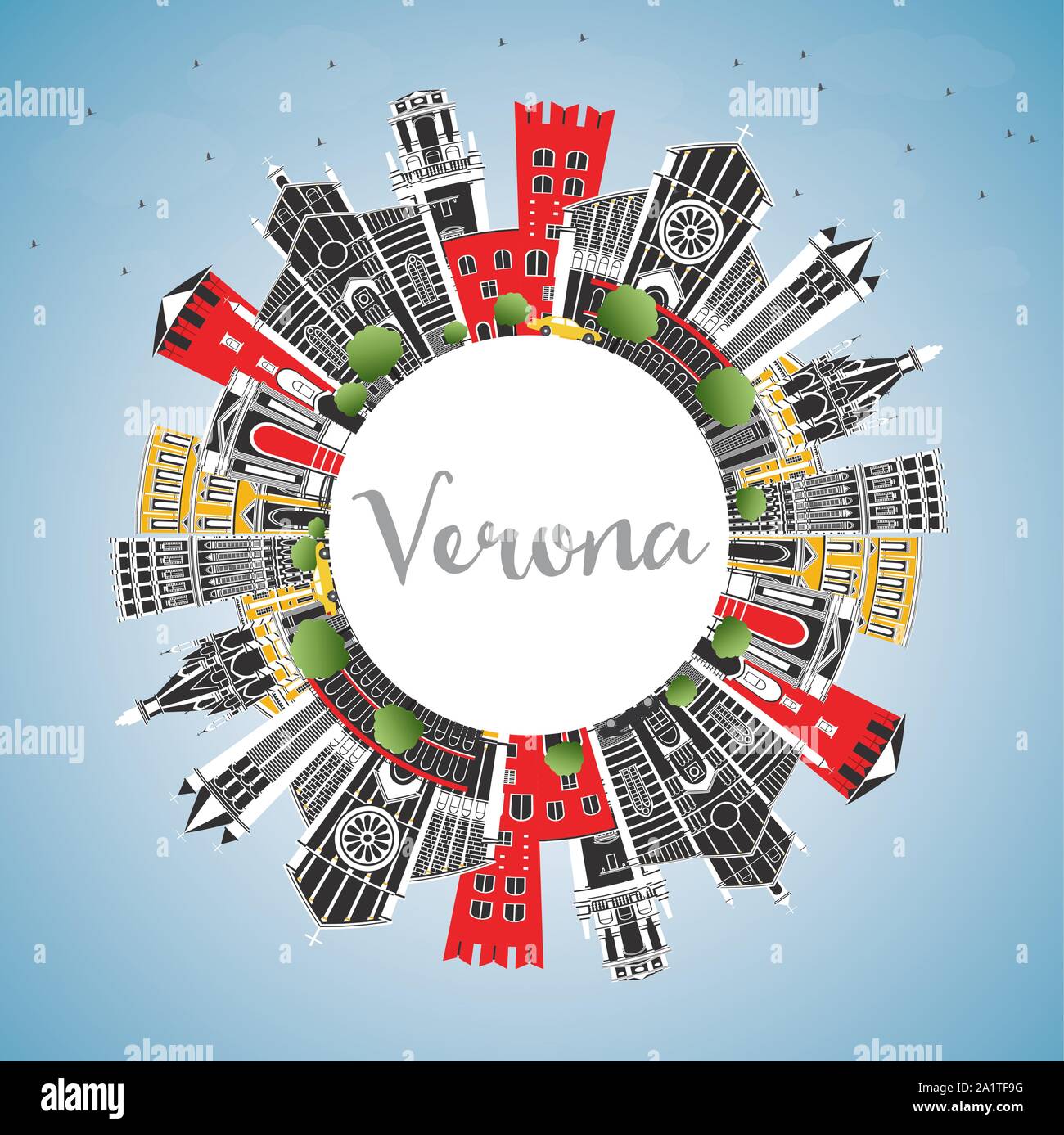 Verona Italia skyline della città con edifici di colore, il blu del cielo e spazio di copia. Illustrazione Vettoriale. Illustrazione Vettoriale
