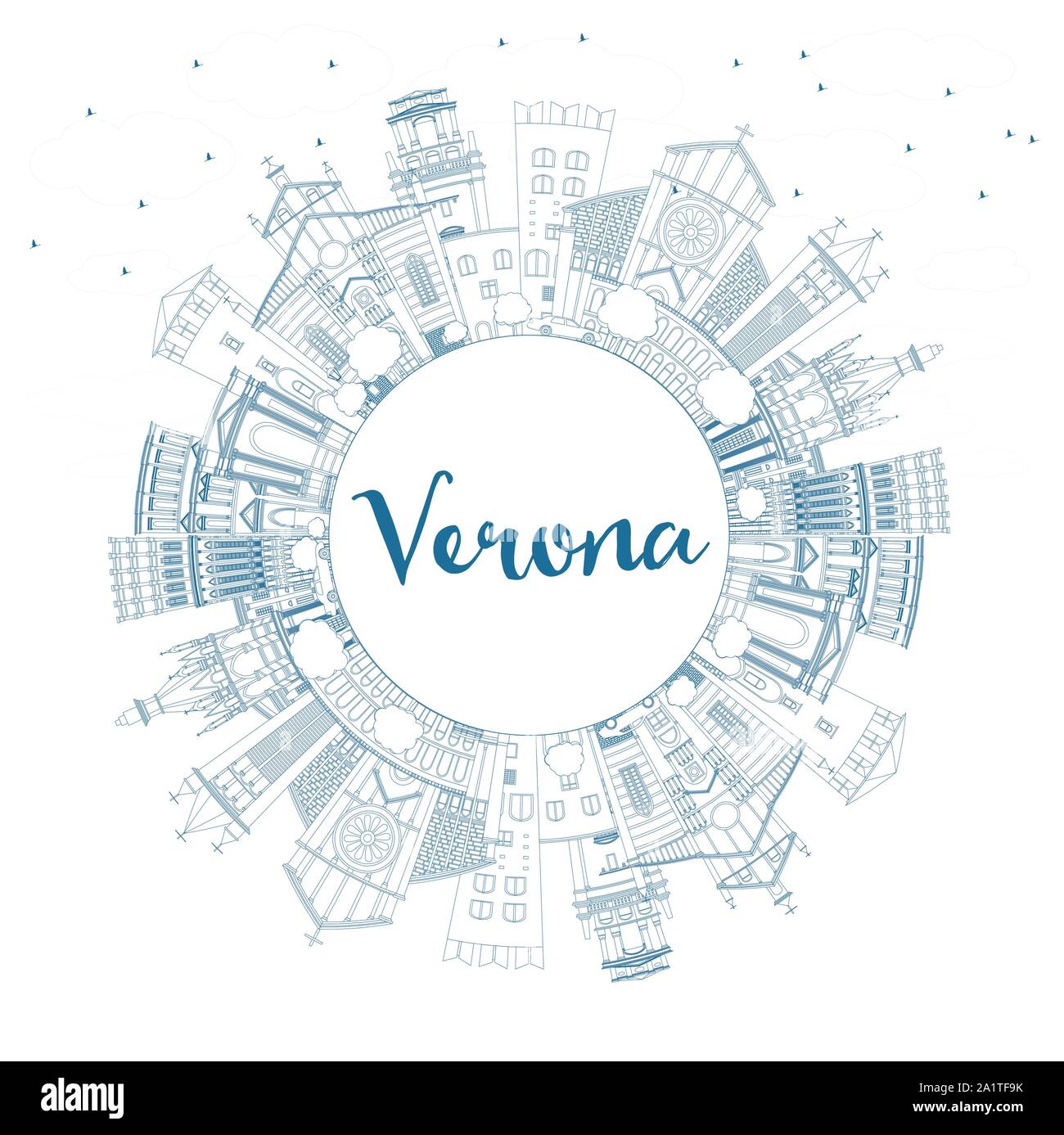 Schema Verona Italia skyline della città con edifici blu e copia di spazio. Illustrazione Vettoriale. Illustrazione Vettoriale