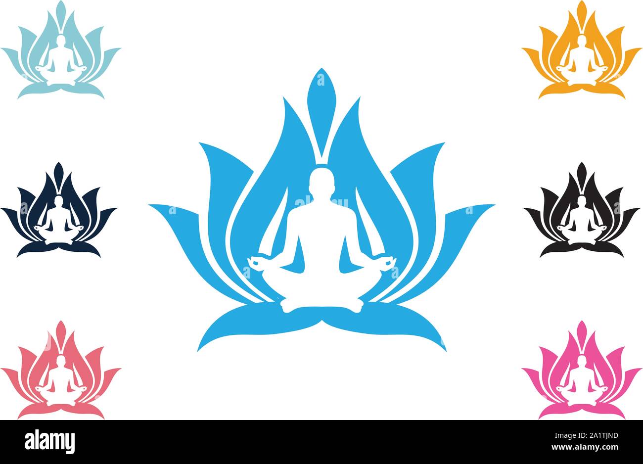 Il logo di Yoga modello, fiore di loto logo con sagoma umana, Yoga logo emblema del vettore, lo Yoga pone il vettore logo design modello. Bellezza, Spa, Relax, Illustrazione Vettoriale