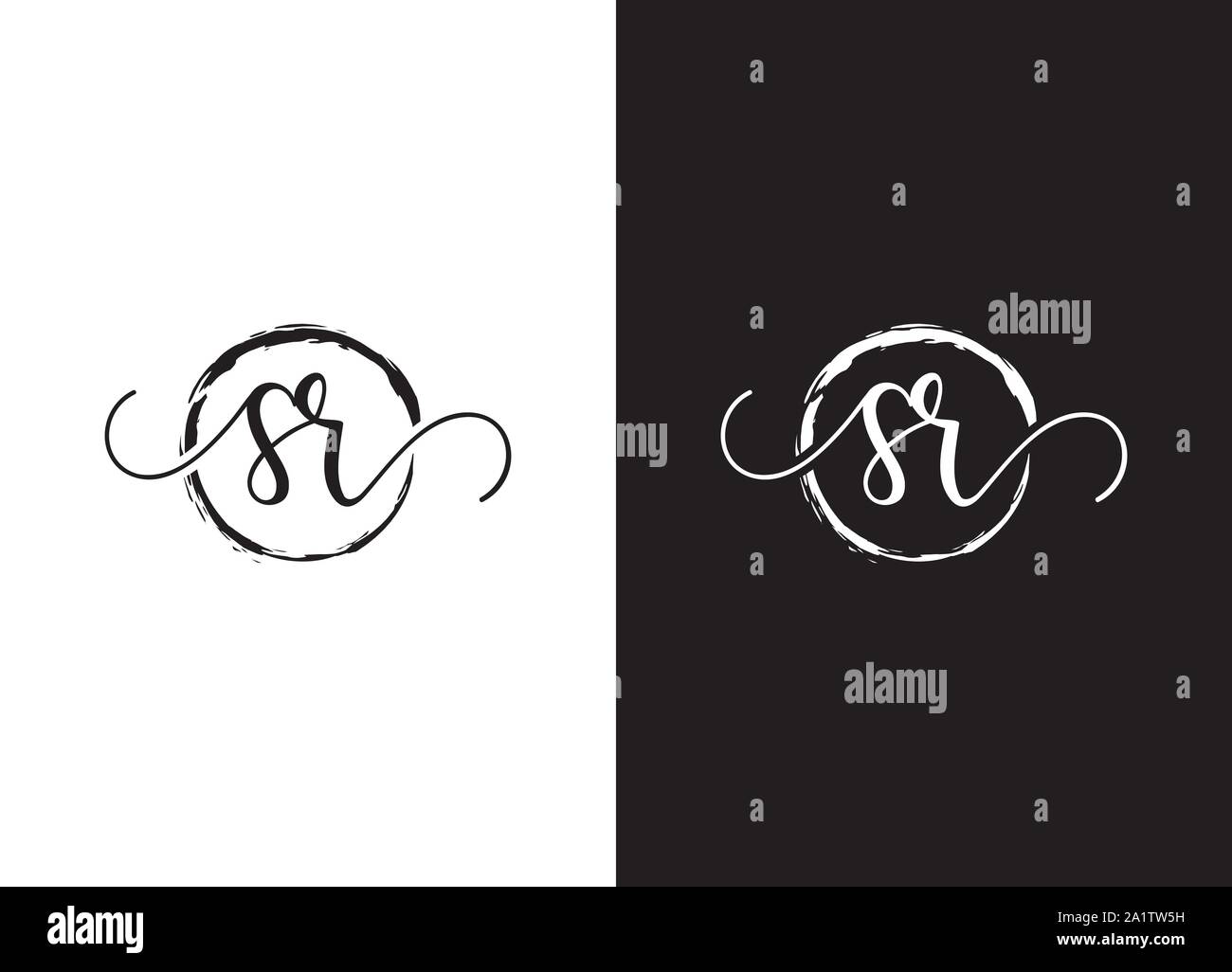 SR iniziale del logo della grafia vettore, SR grafia iniziale logo design con un cerchio. Zen pennello circolare, logo manoscritta per la moda, team, wedding Illustrazione Vettoriale