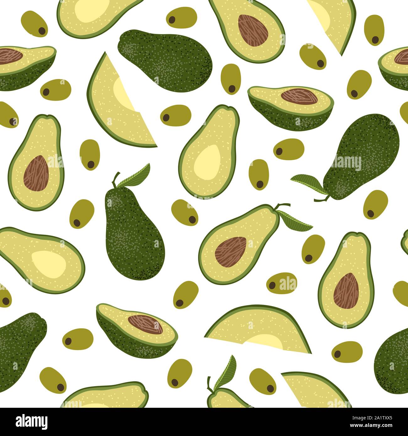 Vettore modello senza cuciture con colorati avocado - mezza fetta, interi e tagliati in pezzi . Cartoon disegnare a mano grazioso appartamento illustrazione su bianco Illustrazione Vettoriale