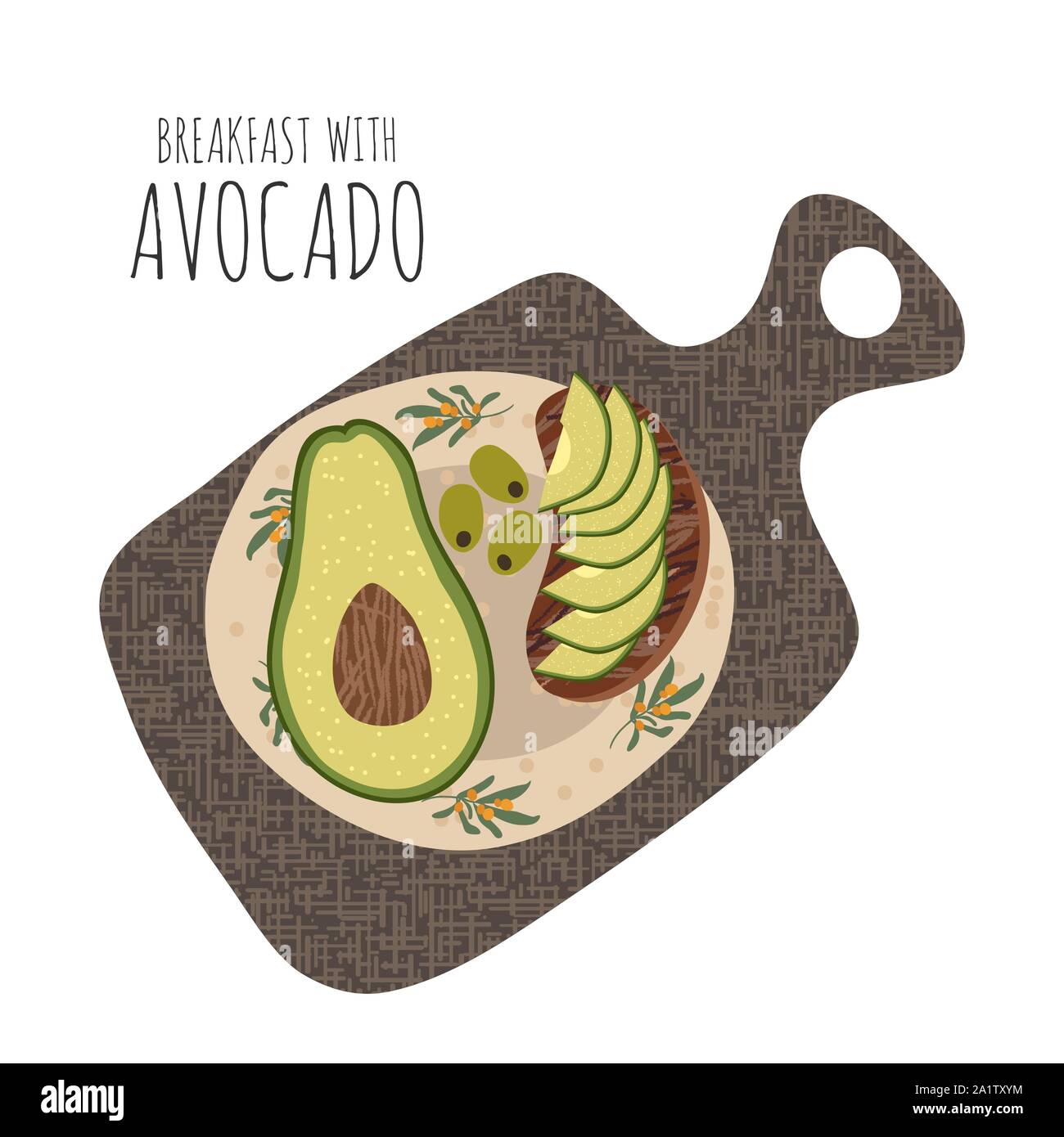 Sandwich a fette con avocado in una piastra su un tagliere. Cartoon disegnati a mano piatta illustrazione vettore isolato su bianco Illustrazione Vettoriale