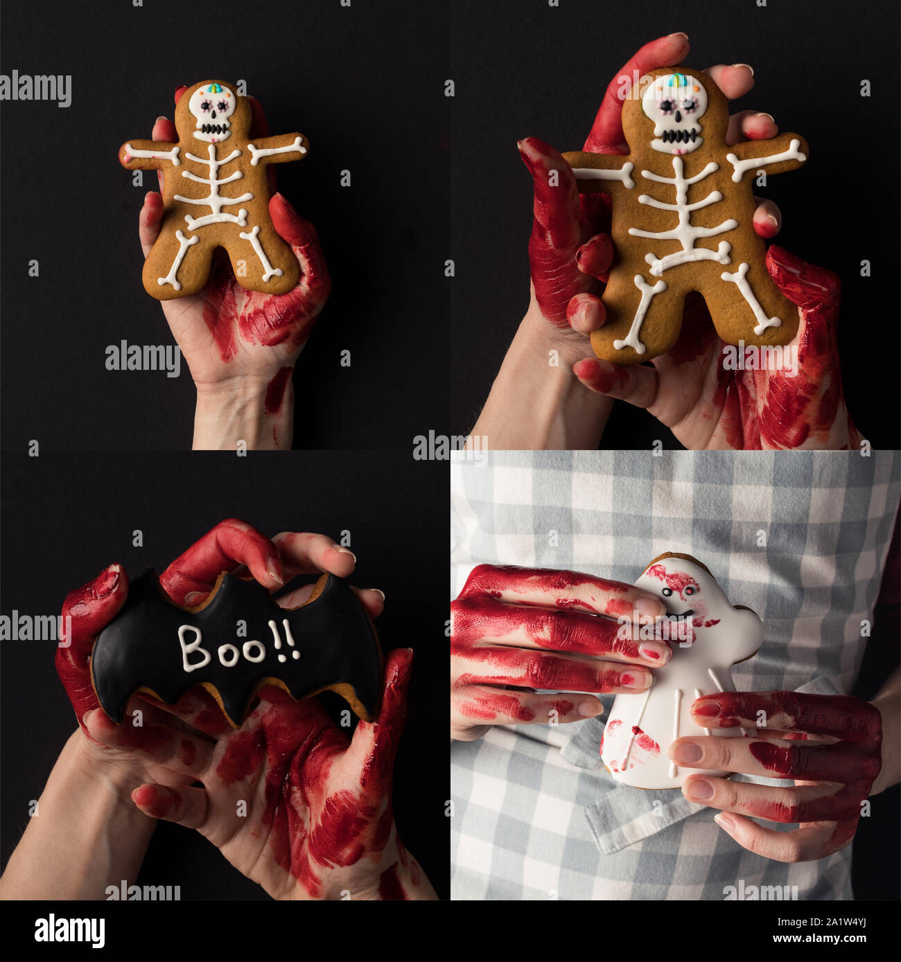 Collage di persone con sanguinose mani tradizionali biscotti di Halloween Foto Stock