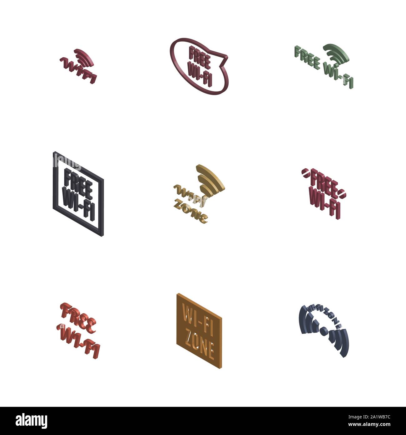 Set di varie icone senza fili isolati su uno sfondo bianco. 3D isometrica stile, illustrazione vettoriale. Illustrazione Vettoriale