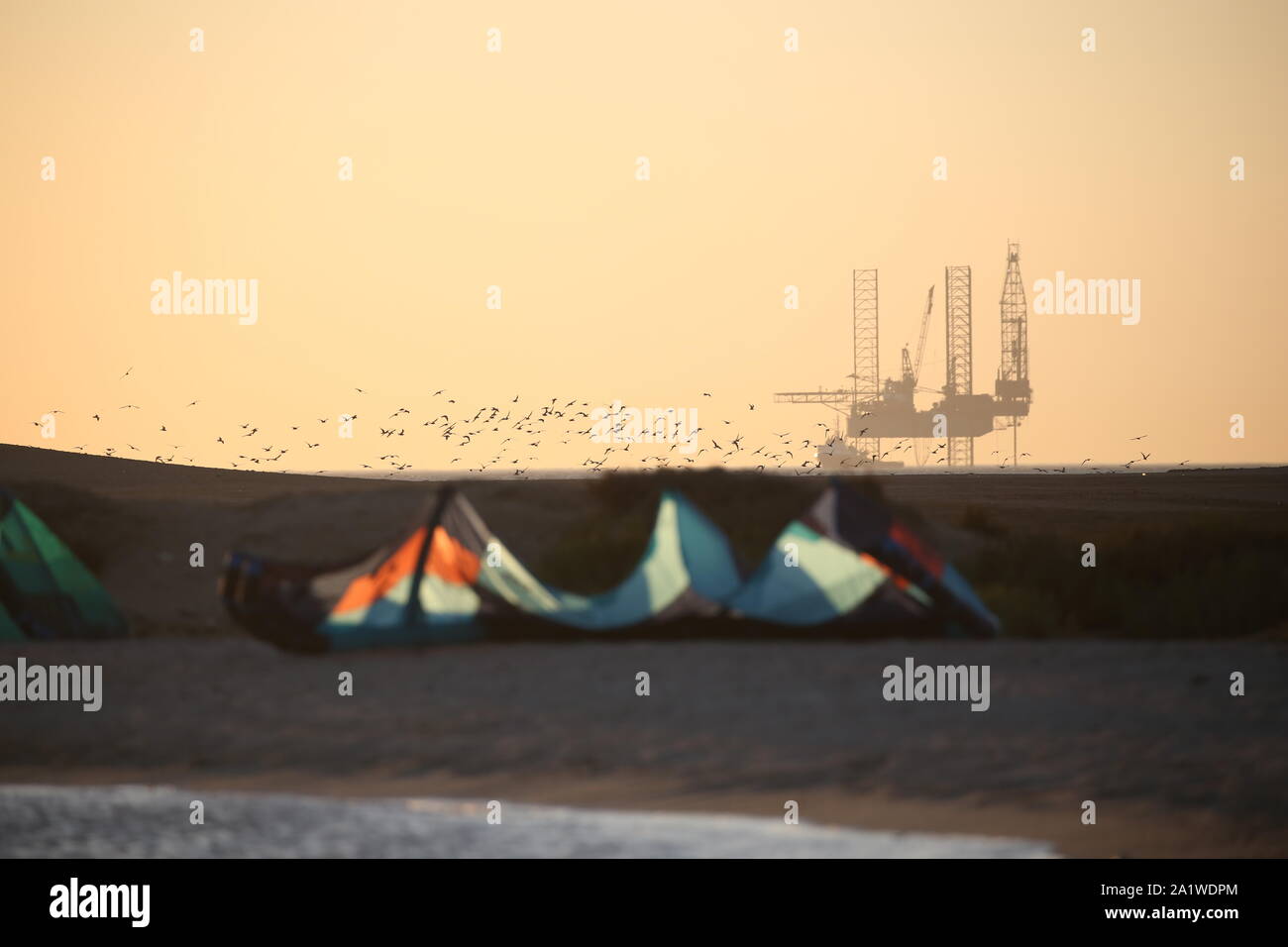 Strana giustapposizione tra attrezzatura da kitesurf, un gregge di uccelli e un carro di perforazione di petrolio durante il tramonto in Egitto Foto Stock