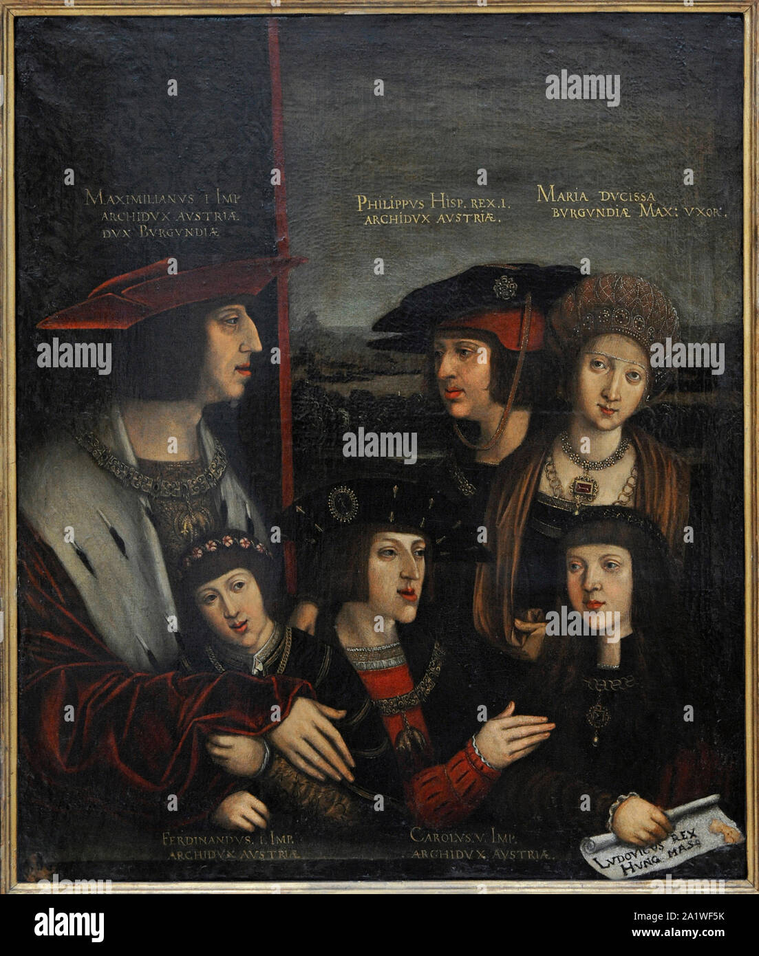Bernhard Strigel (1461-1528). Pittore tedesco. L'imperatore Massimiliano I con la sua famiglia, 1516-1520 (Massimiliano I con la moglie Maria di Borgogna, suo figlio Filippo il Bello, suoi nipoti Ferdinando I e Carlo V, e luigi di Ungheria). San Fernando Accademia Reale di Belle Arti. Madrid. Spagna. Foto Stock