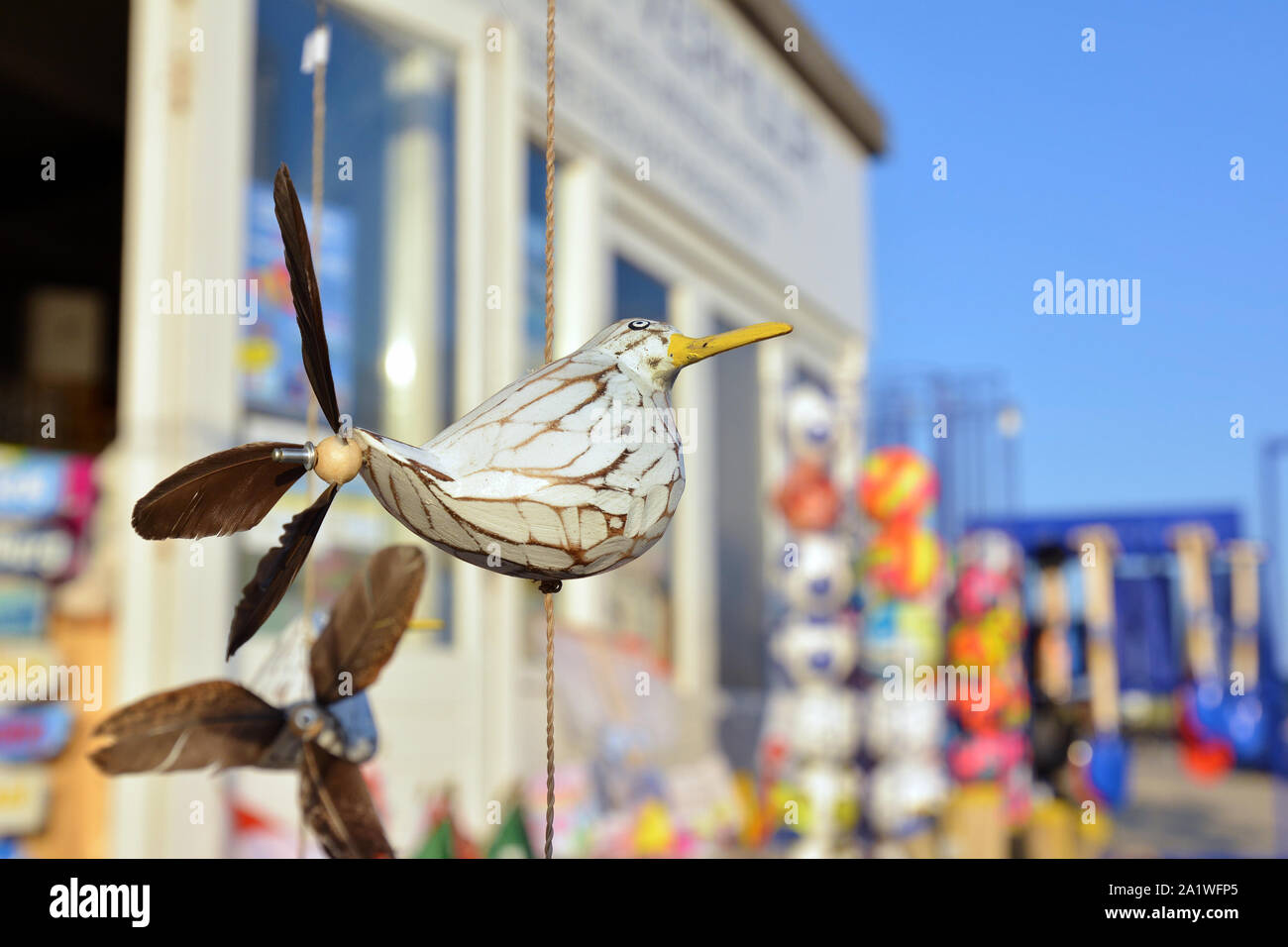 De Koog, Texel / Paesi Bassi - Agosto 2019: decorazione di uccelli appesi al di fuori di turista souvenir shop su isola di texel Foto Stock