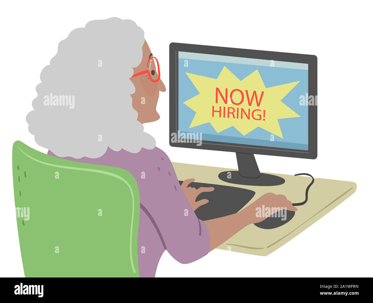 Illustrazione di una donna Senior utilizzando il computer e stai cercando un lavoro online Foto Stock