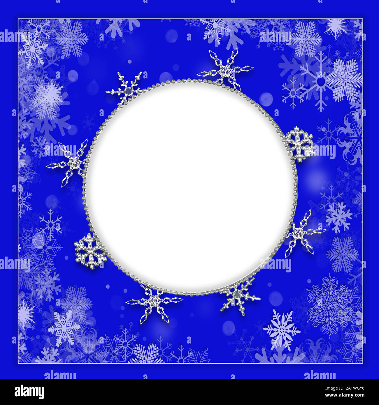 Square Royal Blue inverno sfondo con fiocchi decorativi e area di testo disponibile in centro. Foto Stock