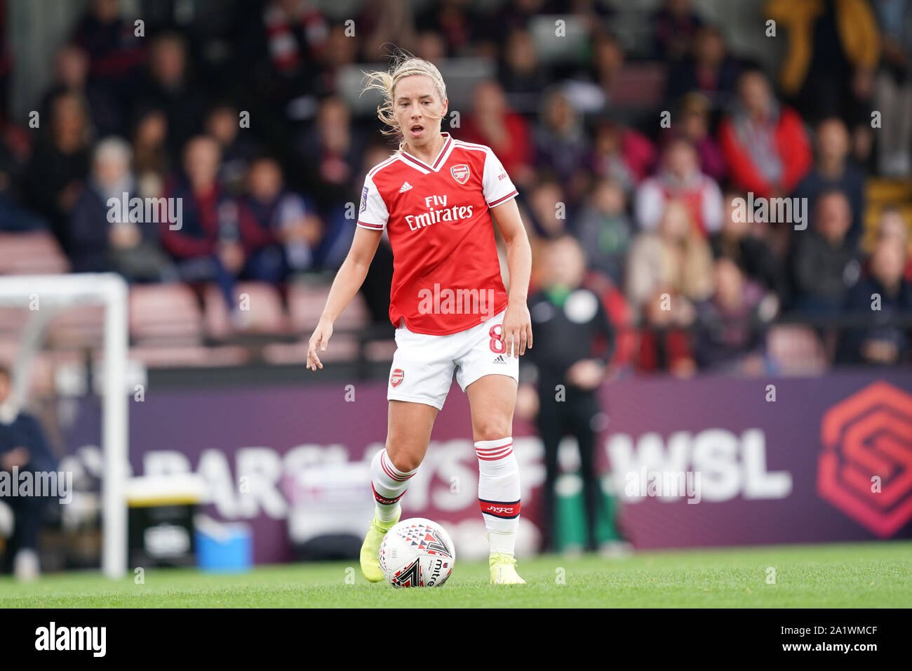 BOREHAMWOOD, Inghilterra - 29 settembre: Giordania Nobbs di Arsenal sulla palla durante la FA DONNA Super League match tra Arsenal e Brighton & Hove Albion WFC a Prato Park, il 26 settembre 2019 a Borehamwood, Inghilterra. Credito: Sport Stampa foto/Alamy Live News Foto Stock