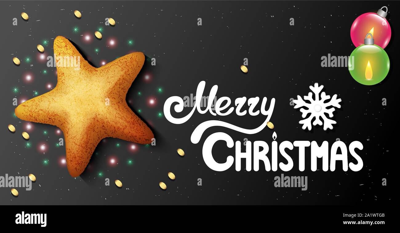 Cartolina orizzontale su uno sfondo nero con a forma di stella biscotti di Natale e scritte a mano i caratteri Merry Christmas testo Illustrazione Vettoriale