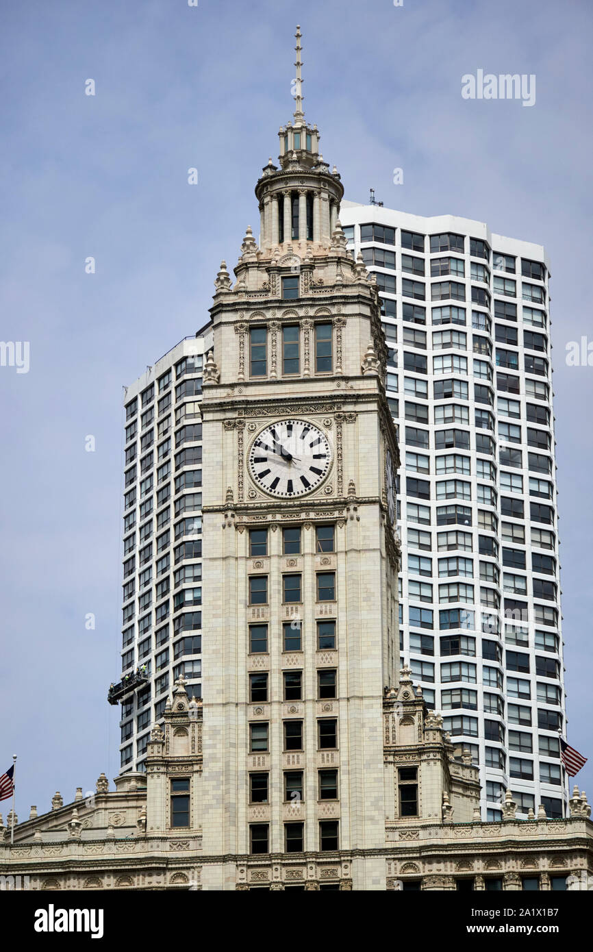 Torre dell'orologio del Wrigley Building di Chicago, Illinois, Stati Uniti d'America Foto Stock