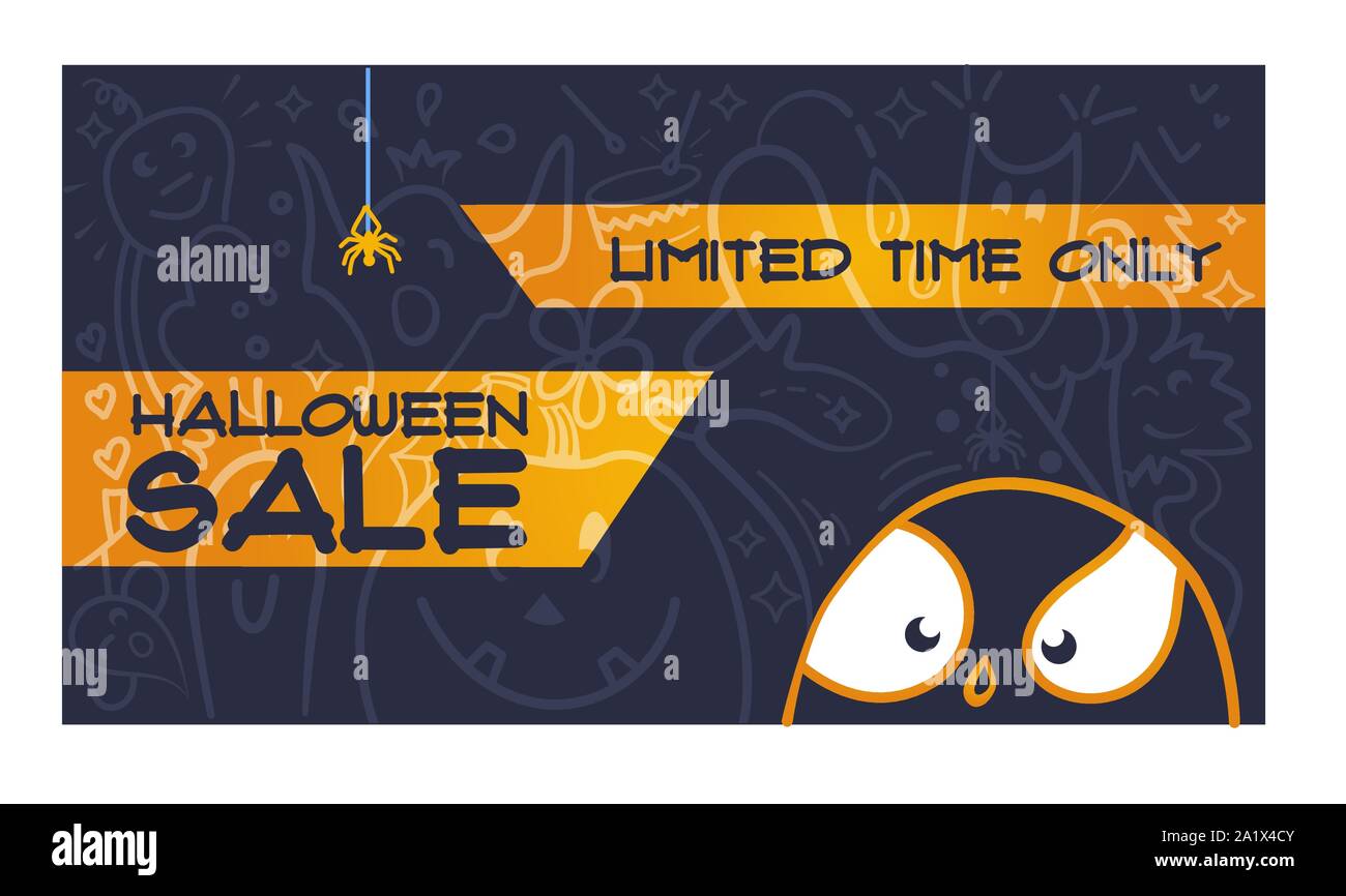 Vendita di halloween con divertenti cartoon fantasmi e mostri in stile lineare Illustrazione Vettoriale
