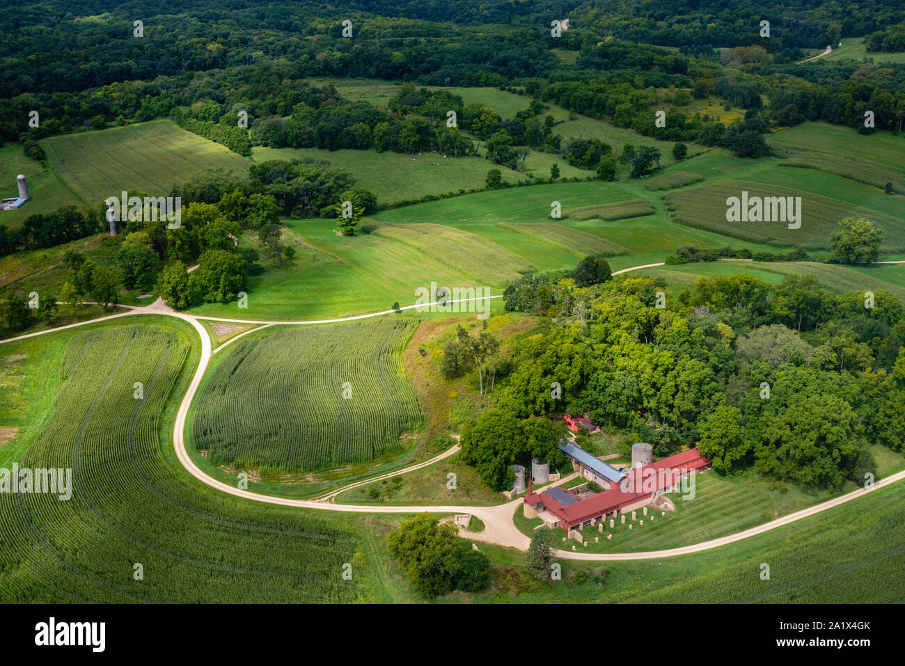 Vista aerea di Frank Lloyd Wright's agriturismo vicino a 'Taliesin' vicino alla molla verde, Wisconsin, Stati Uniti d'America. Foto Stock