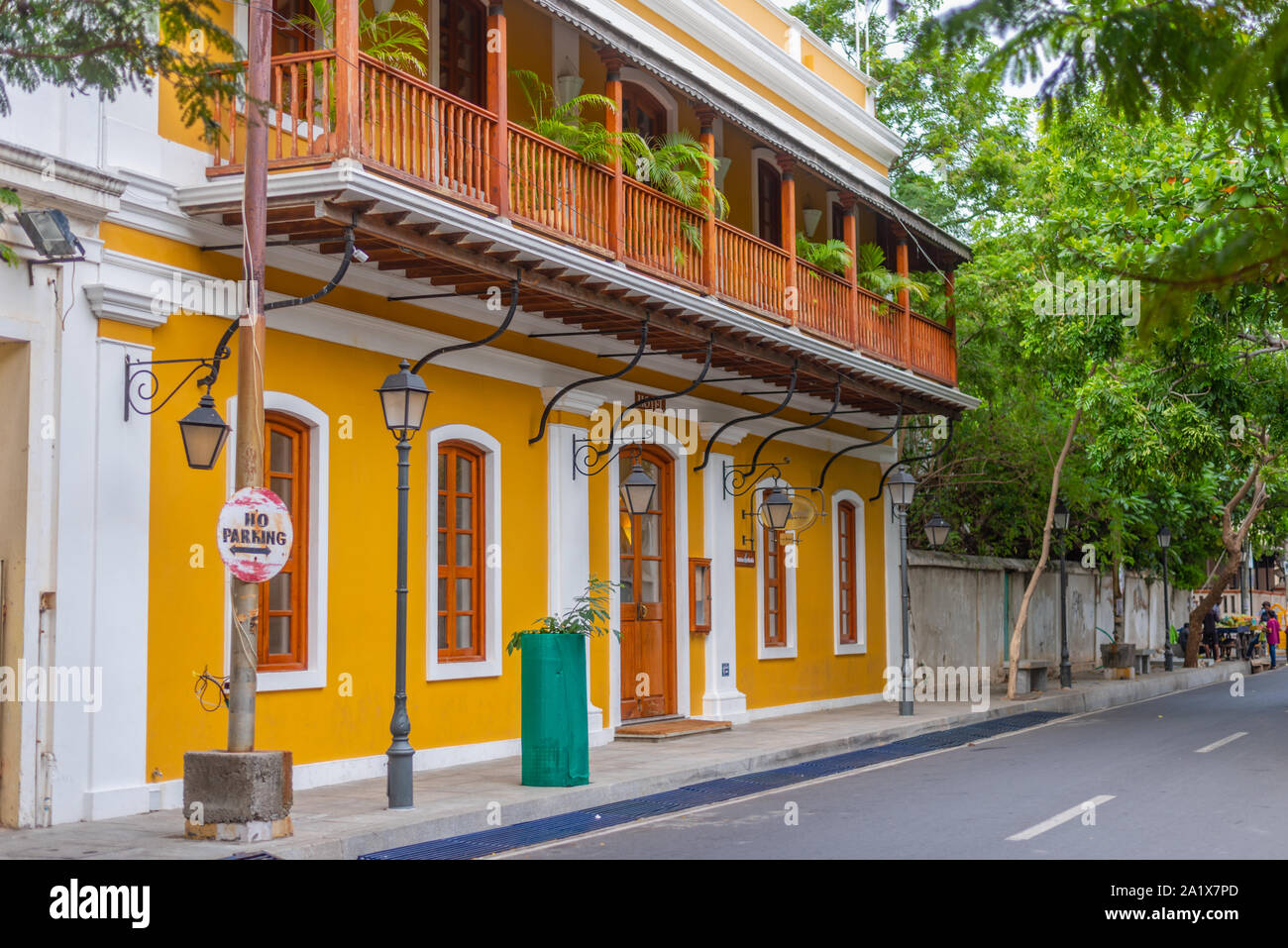 Città Bianca, Pondicherry/India- 3 Settembre 2019: Palais de Mahe hotel nel quartiere francese di Pondicherry Foto Stock