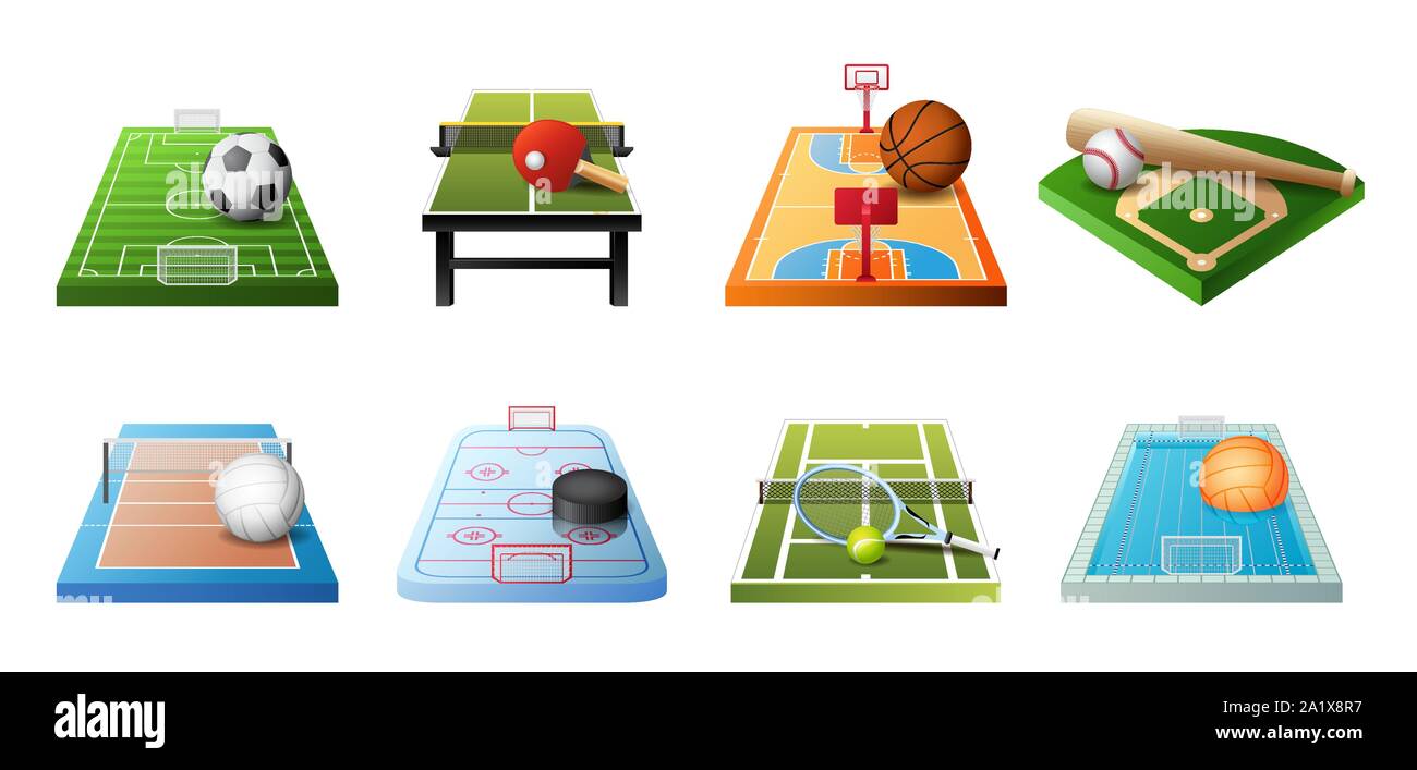 3d di parchi gioco per i diversi tipi di sport icona set isolato su sfondo bianco, calcio, ping pong, basket, baseball, pallavolo, hockey Illustrazione Vettoriale
