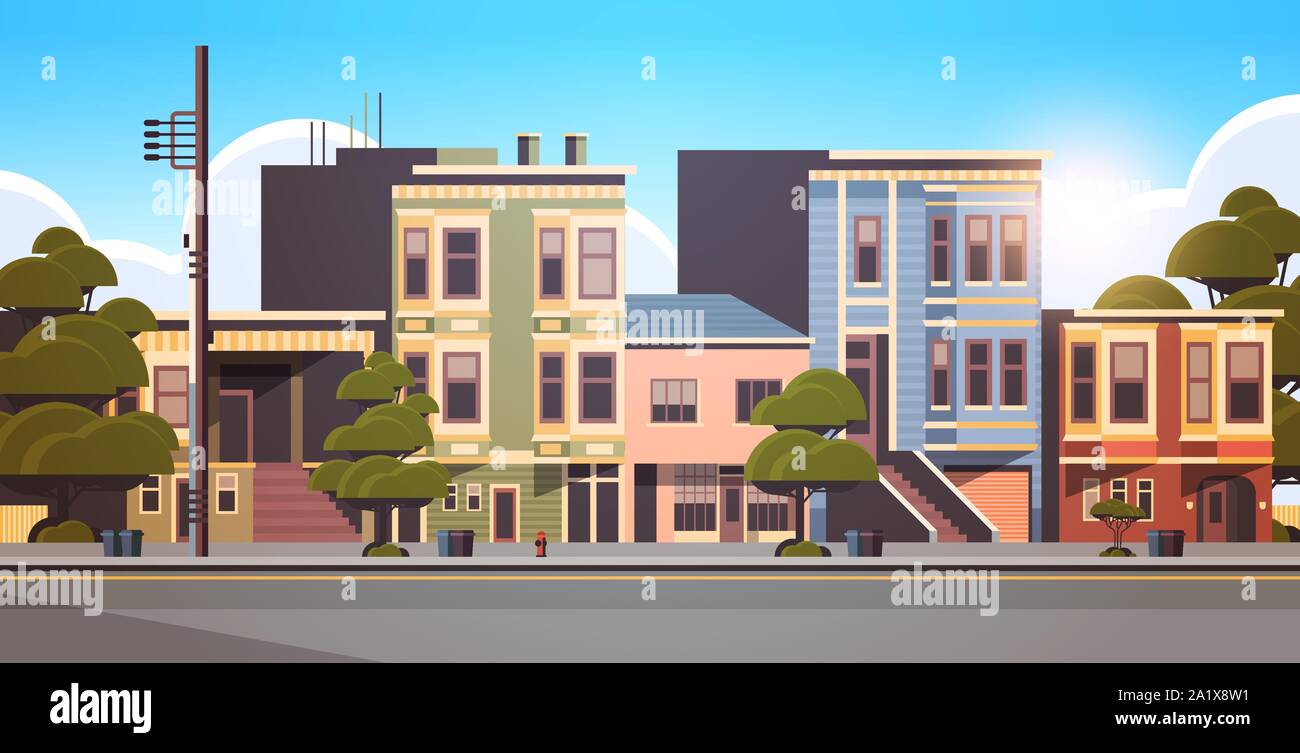 Città costruire case esterno moderna cittadina street nella stagione estiva sunset cityscape sfondo piatto orizzontale Illustrazione Vettoriale