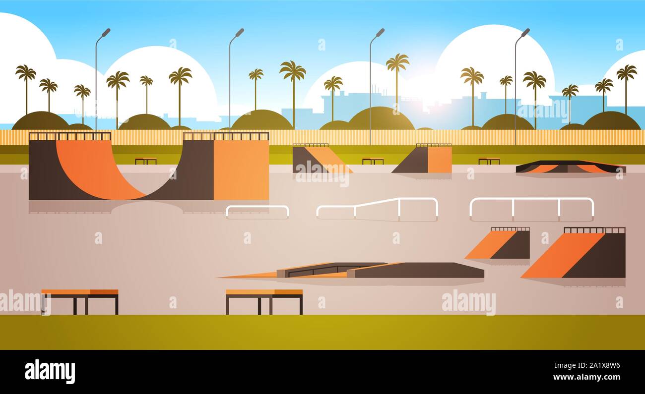 Pubblica vuota scheda skate park con varie rampe per lo skateboard cityscape sfondo orizzontale piana Illustrazione Vettoriale