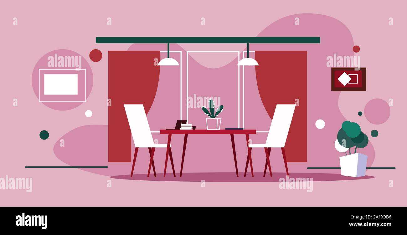 Ufficio moderno interior creative co-luogo di lavoro di lavoro tavolo con sedie vuota nessun popolo schizzo cabinet doodle orizzontale sfondo rosa Illustrazione Vettoriale