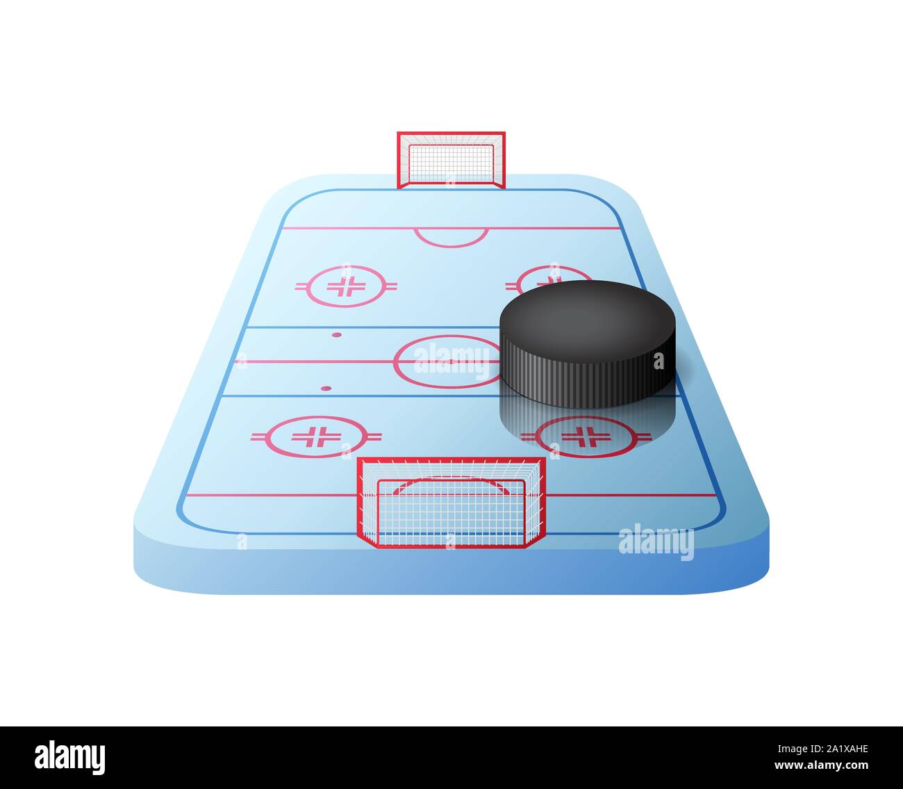 3d pista da hockey con i cancelli e nero puck isolato Illustrazione Vettoriale