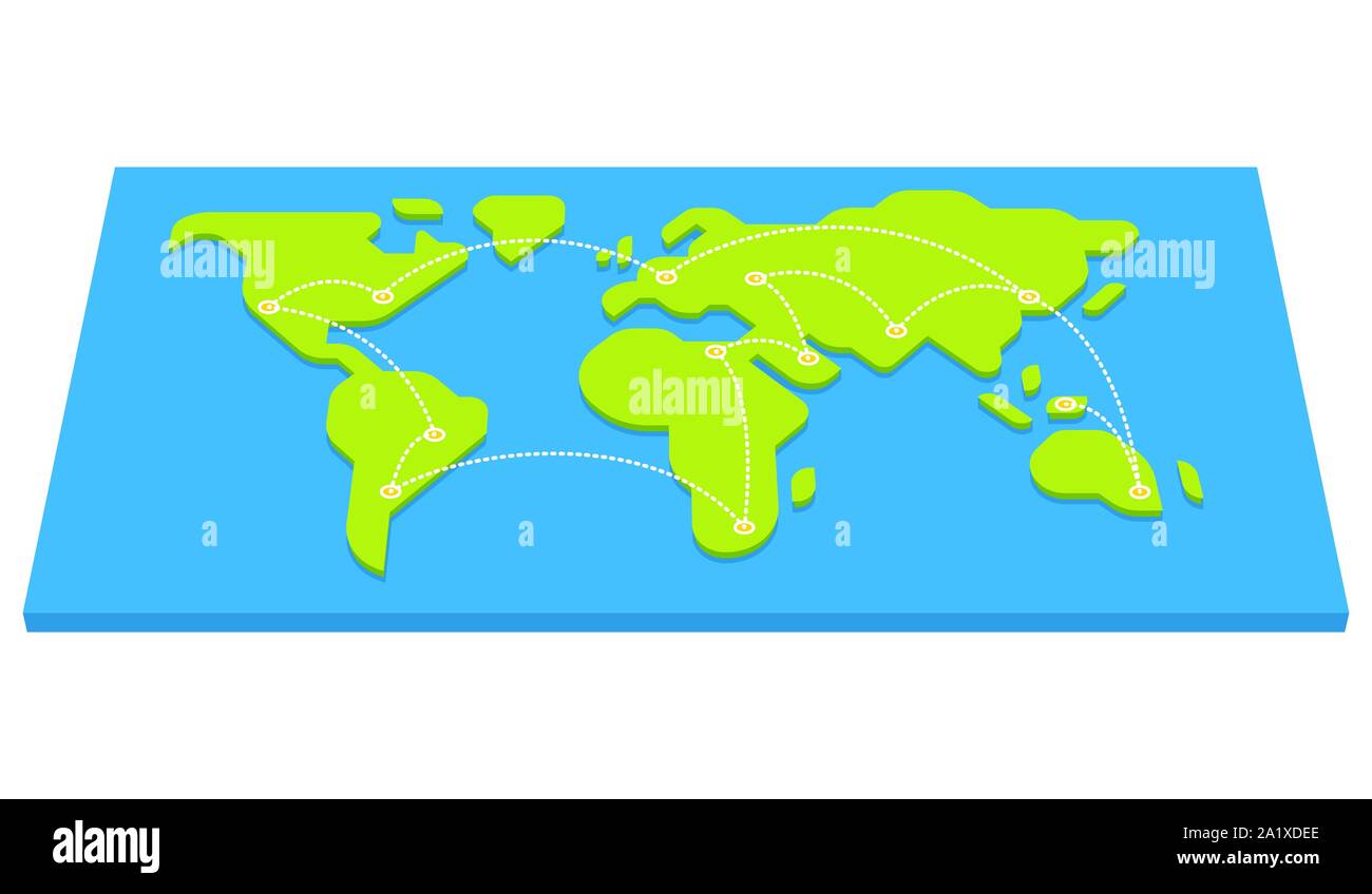 Stilizzata mappa del mondo con le destinazioni di volo dalle principali capitali europee. Viaggi di lavoro e di tutto il mondo della comunicazione globale. Semplice piatto illustra vettore Illustrazione Vettoriale