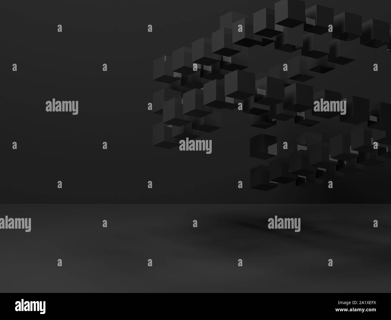 Abstract scuro dello sfondo digitale con battenti installazione cubetti in stanza vuota. 3D rendering immagine Foto Stock