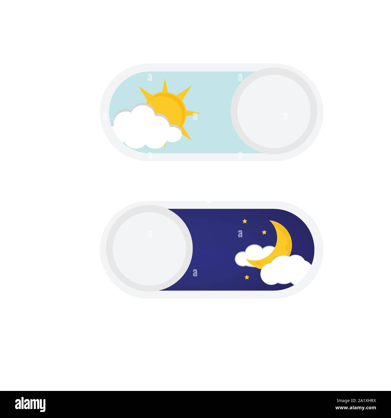 Illustrazione Vettoriale di giorno e di notte. Giorno notte concetto, il sole e la luna, giorno notte icona. Elemento di interfaccia utente - On Off switcher Illustrazione Vettoriale