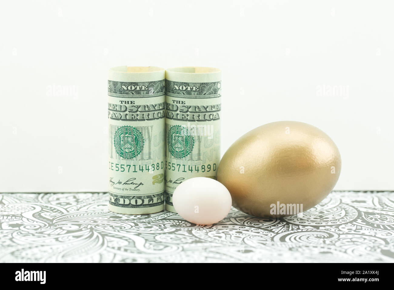 Piccolo nido uovo collocato con concettuale simboli di investimento di denaro e uovo d'oro su argento progettazione con uno sfondo bianco Foto Stock