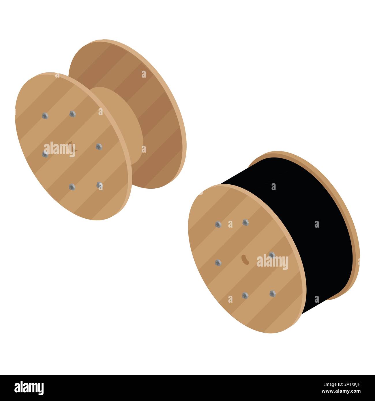 Filo nero del cavo elettrico con bobina in legno del cavo elettrico e svuotare bobina in legno isolato su sfondo bianco vista isometrica. Illustrazione Vettoriale