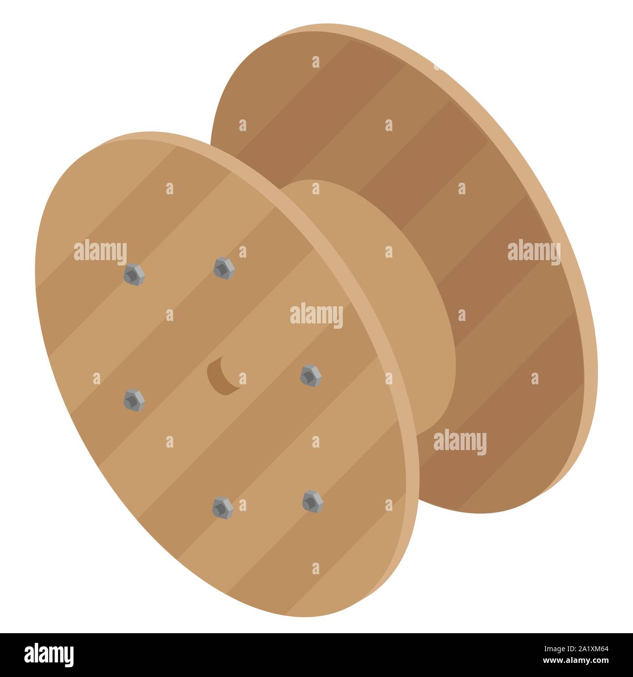 Svuotare bobina in legno del cavo elettrico isolato su sfondo bianco vista isometrica. Illustrazione Vettoriale