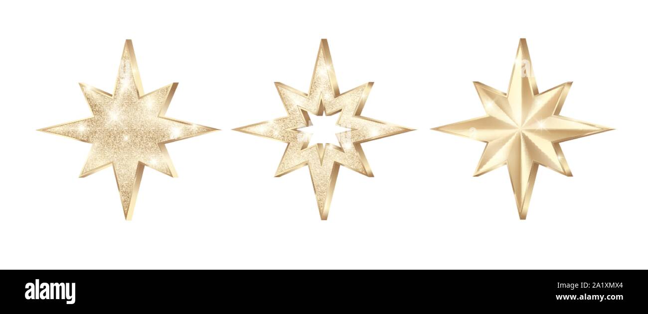 Set di stelle dorate con glitter. Decorazione di natale l'elemento. Il lusso elegante award - Star. Illustrazione di vettore isolato su sfondo bianco Illustrazione Vettoriale